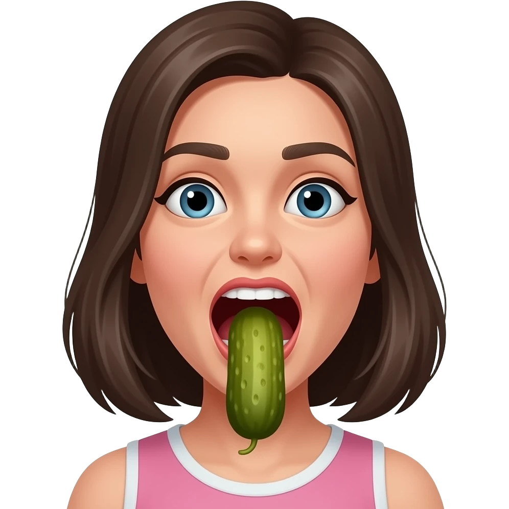 A girl opening her mouth insanely wide with a pickle going down her throat emoji