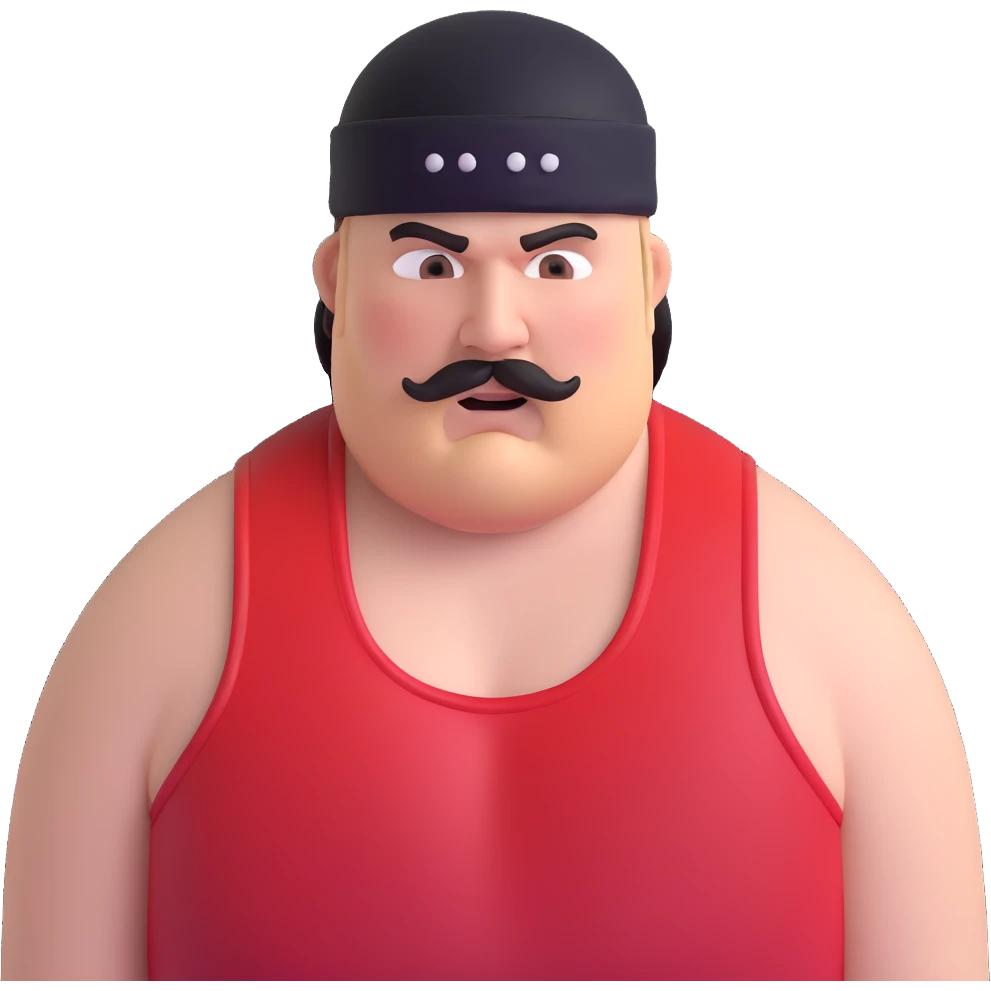 Close-up of extremely fat white skin guy with young face, beard and mustache, no muscle with prominent black durag, black eyes in a red and black wrestling singlet with angry face emoji