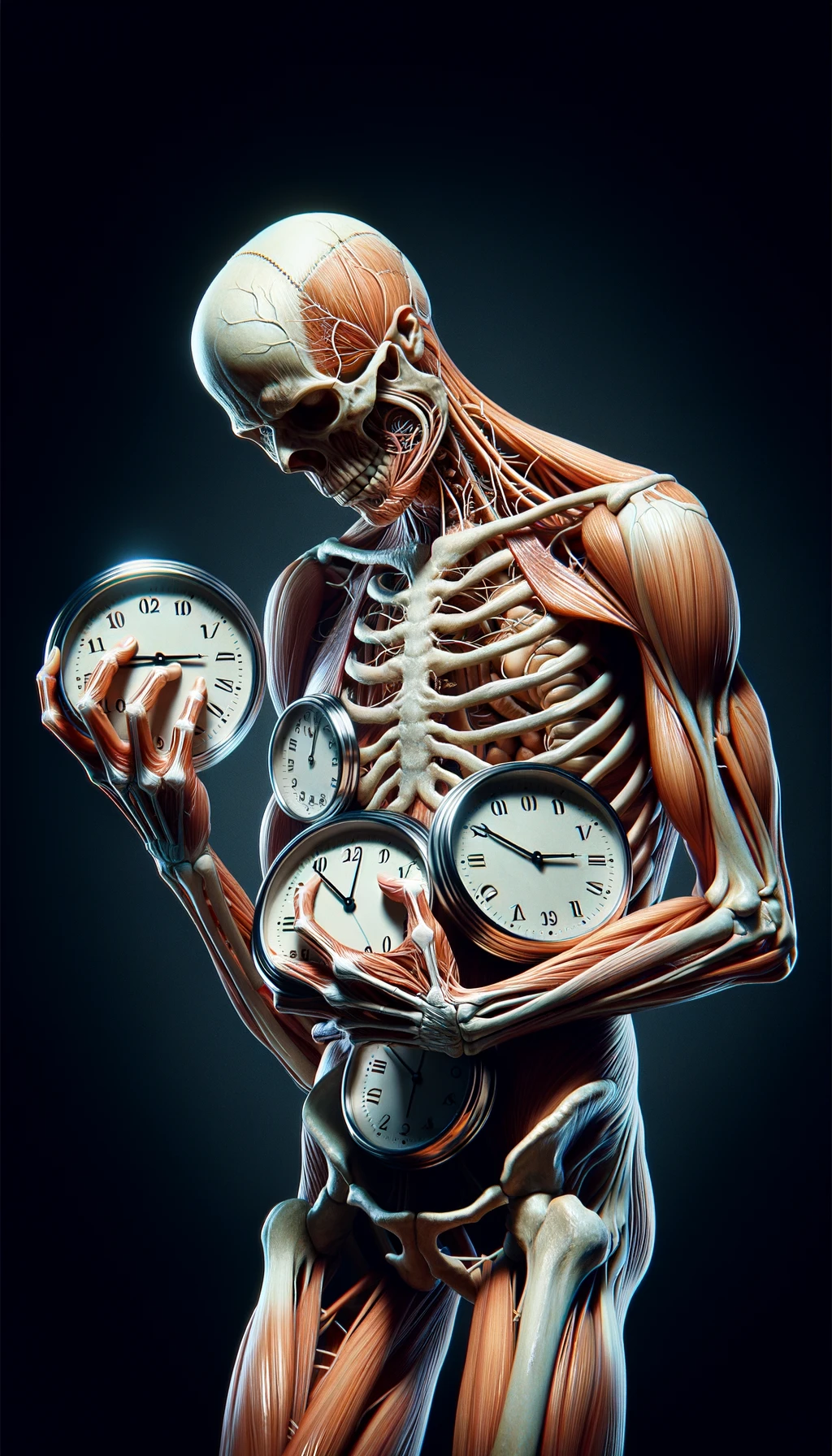 corpo umano anatomico CHE TIENE OROLOGI NELLE MANI E STA IMPAZZENDO PERCHé NON RIESCE A SVOLGERE TUTTE LE SUE ATTIVITà QUOTIDIANE: NON HA TEMPO, iperrealistico 4k emoji