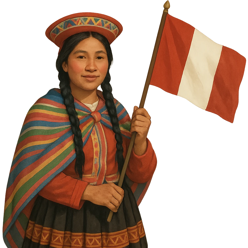 hombre o mujer peruano con ropa típica, sujetando la bandera nacional de Perú, estilo realista simplificado emoji