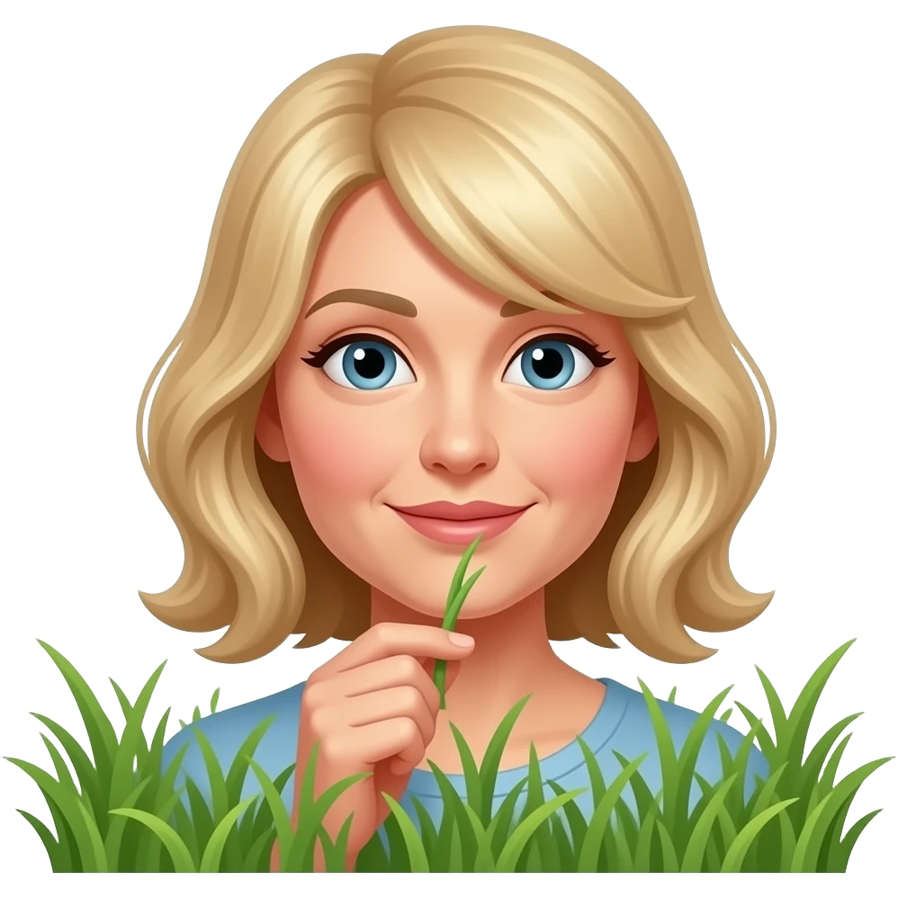 A middle-aged blonde woman with shoulder-length hair sniffing the grass in a park emoji