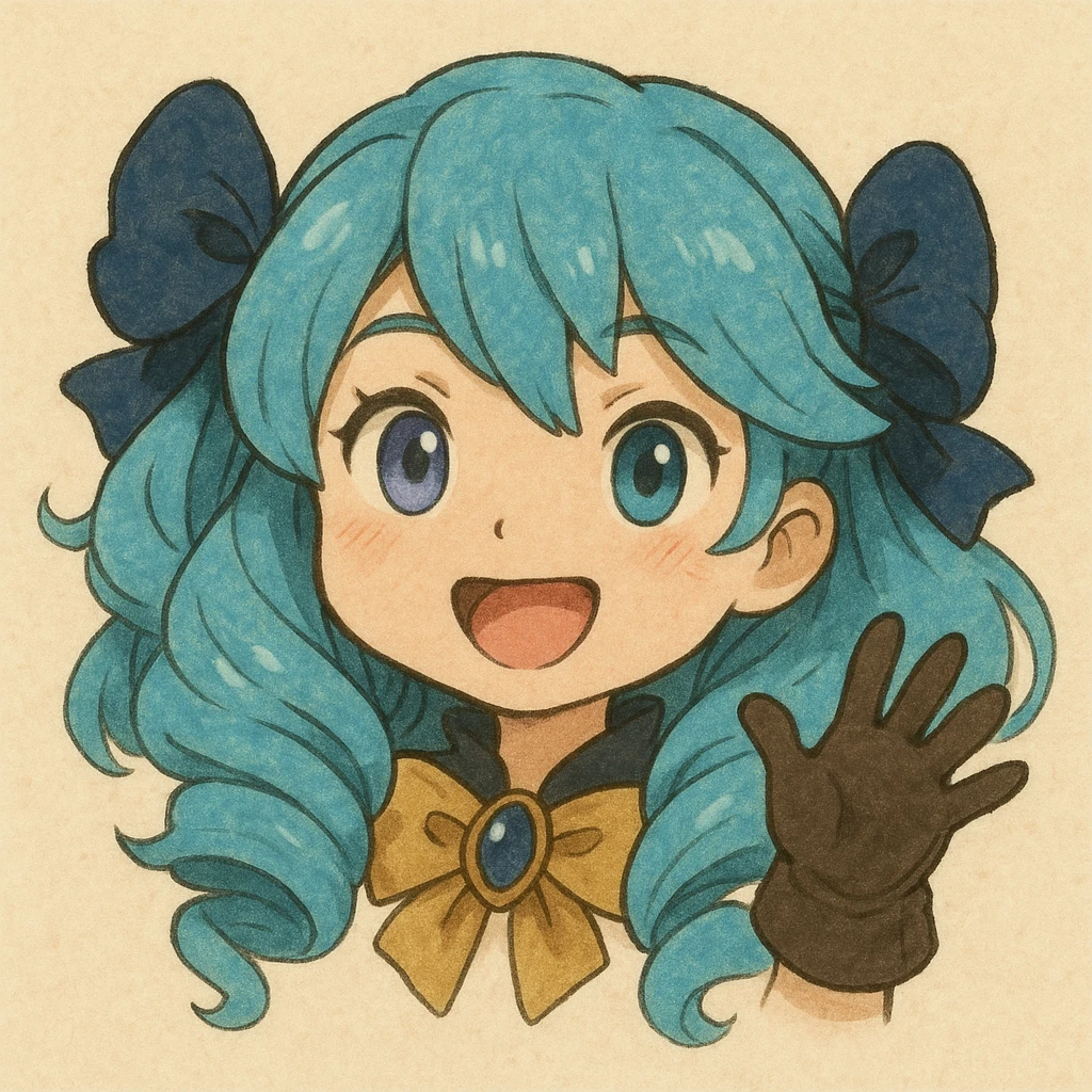 chibi style Gwen from League of Legends, only head, right eye purple, one hand waving with glove, smiling and energetic, ghibli style emoji
