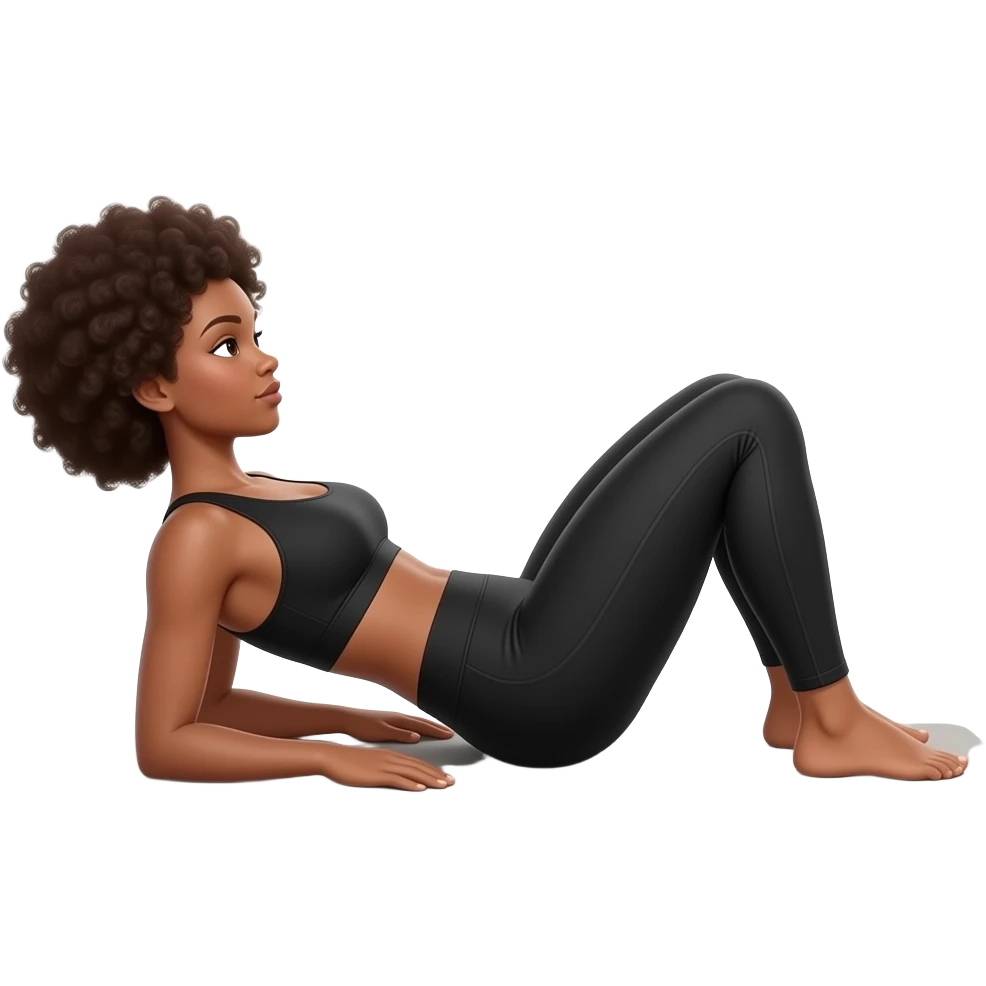 Light-brown Black woman, afro hair, wearing black sports bra and leggings, performing GLUTE BRIDGE WHILE LYING DOWN full body, toned glutes and legs, strong posture, realistic fitness style, clean background, soft lighting. emoji