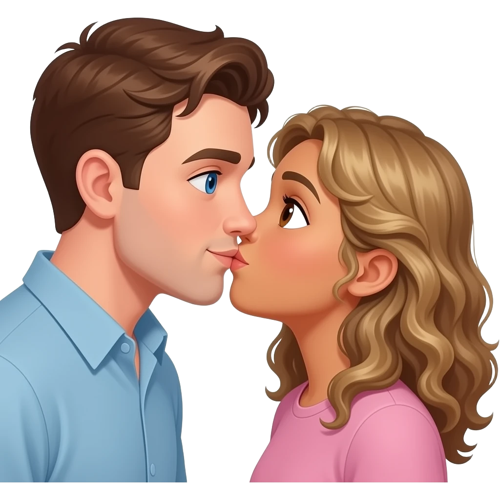 Homme blanc cheveux châtain avec yeux bleu et fille métisse cheveux bouclés marrons et blonds avec des yeux marrons qui s’embrassent emoji