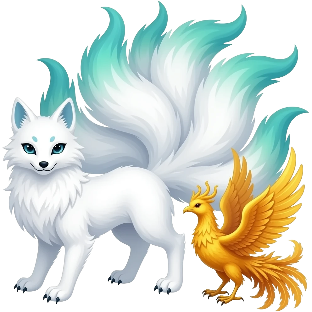 White with patterns blue green ombre tips and paws kitsune nine tails and by it a white Chinese dragon and a gold phoneix emoji