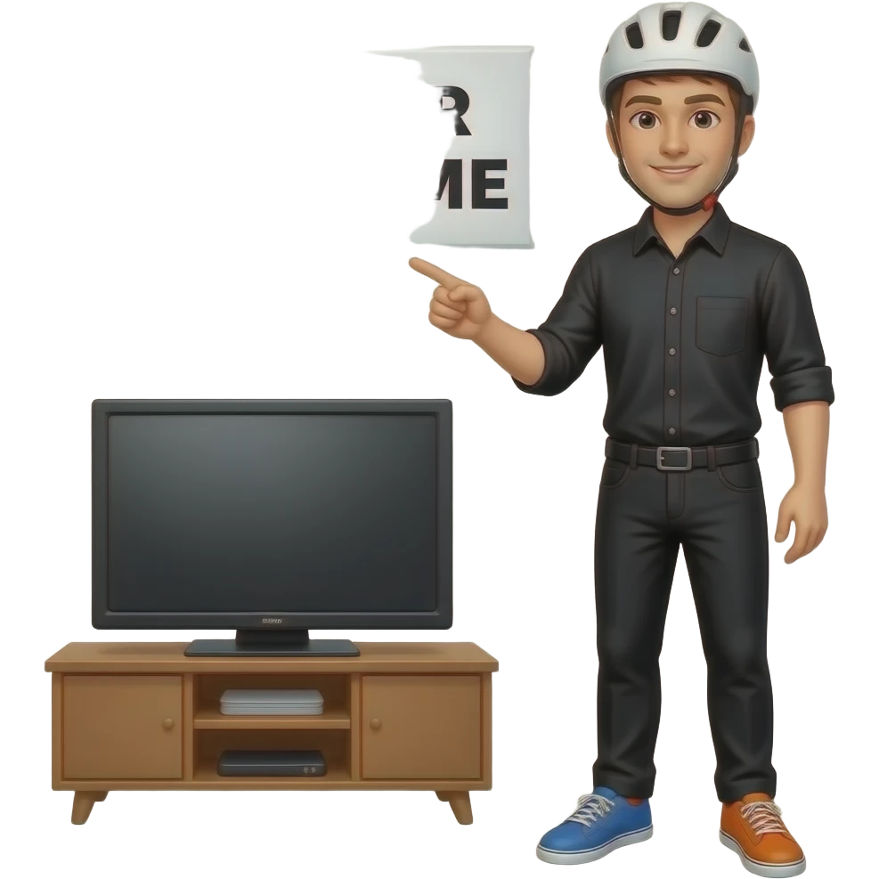 young man in black shirt and black pants wearing a white helmet, the right shoe is colored blue and the left shoe is colored orange, the right hand holds a pointer and the left hand is holding a handy, he stand in front of a tv and a sign with MÄNNER PROBLEME written on it is seen emoji