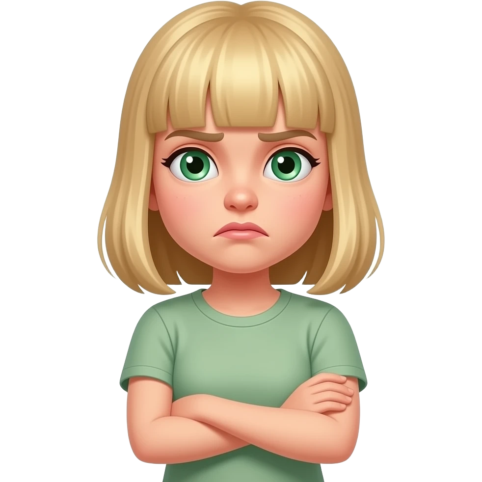 Emoji femme blonde avec une frange, aux yeux vert stylé iOS qui croise les bras, un peu énervé et un peu sur le côté emoji