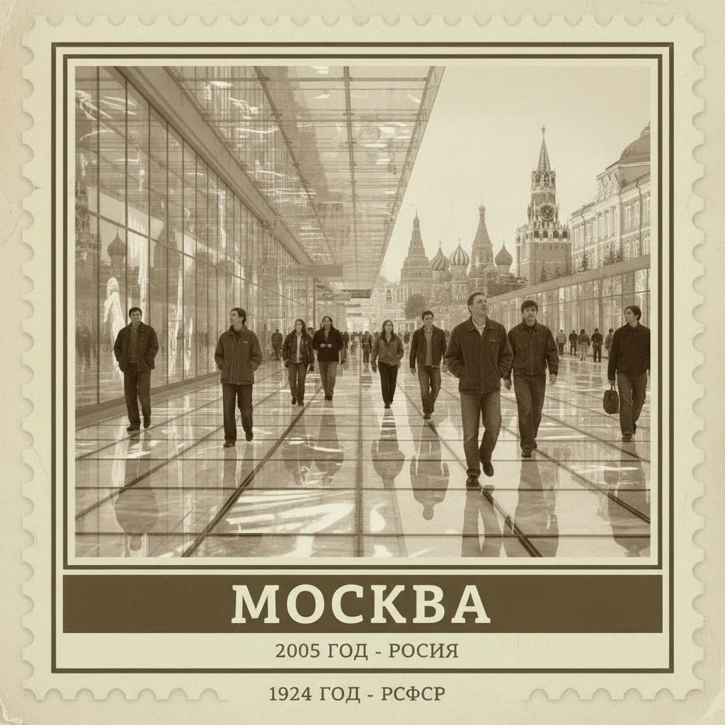 Полностью стеклянная улица в Москве, по которой гуляют люди, машин нет. 2005 год.

Стиль - фотореализм.

Стилизуй под марку с фото emoji