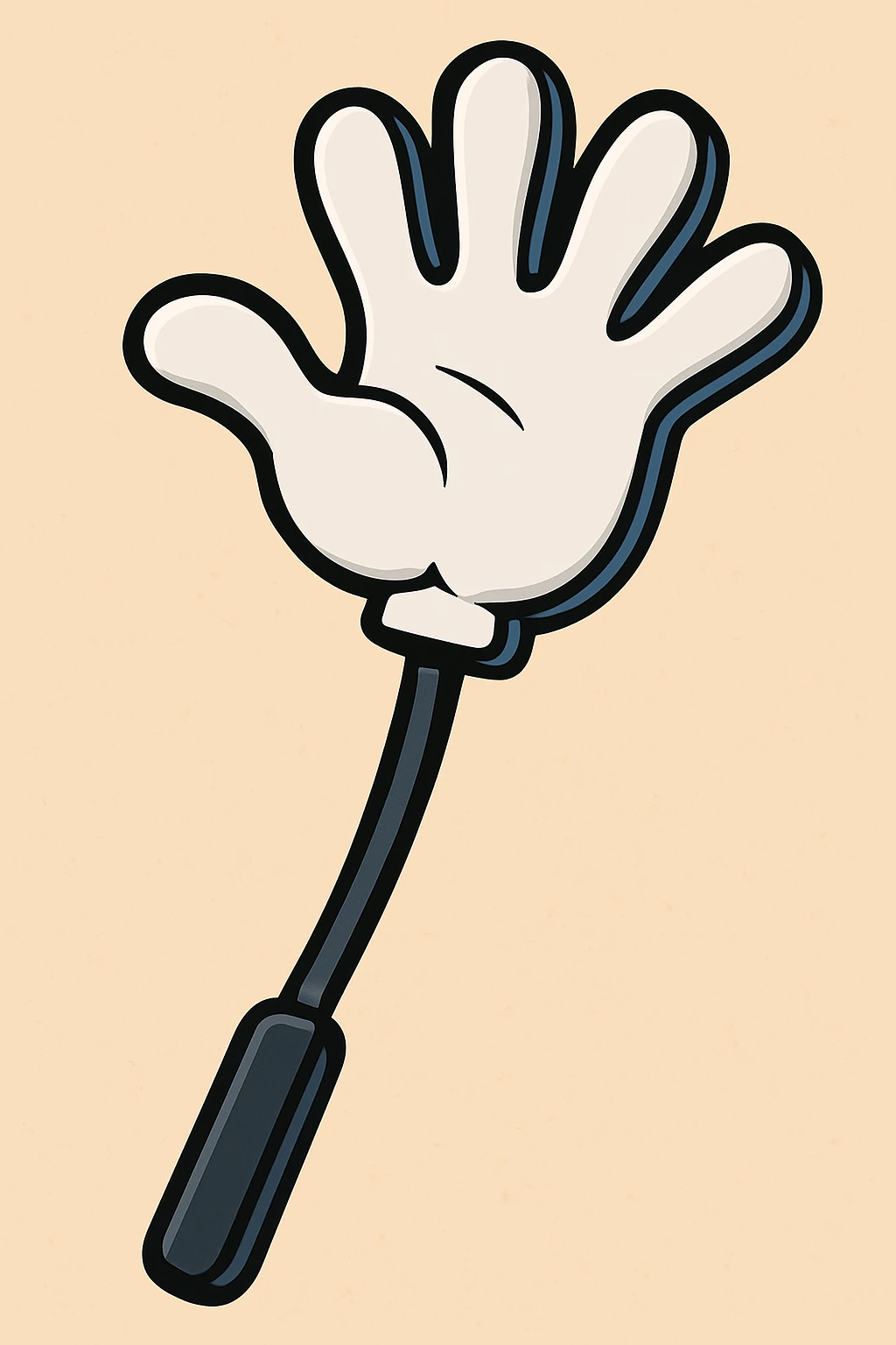 cartoon style plastic slap hand, white hand, black handle stick, black border emoji