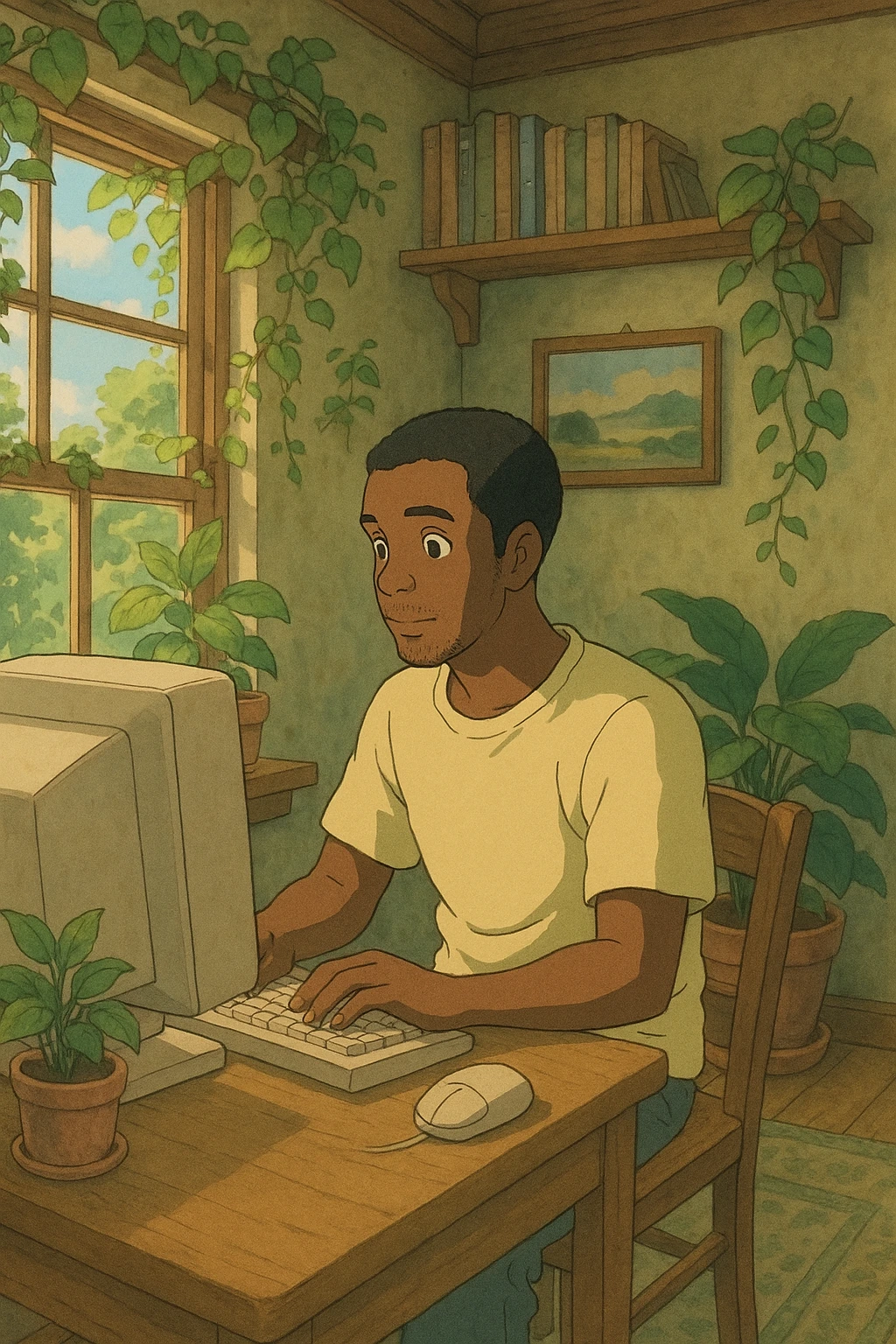 A black man using a computer in a Ghibli-inspired room, lush details, soft color palette, peaceful mood. emoji