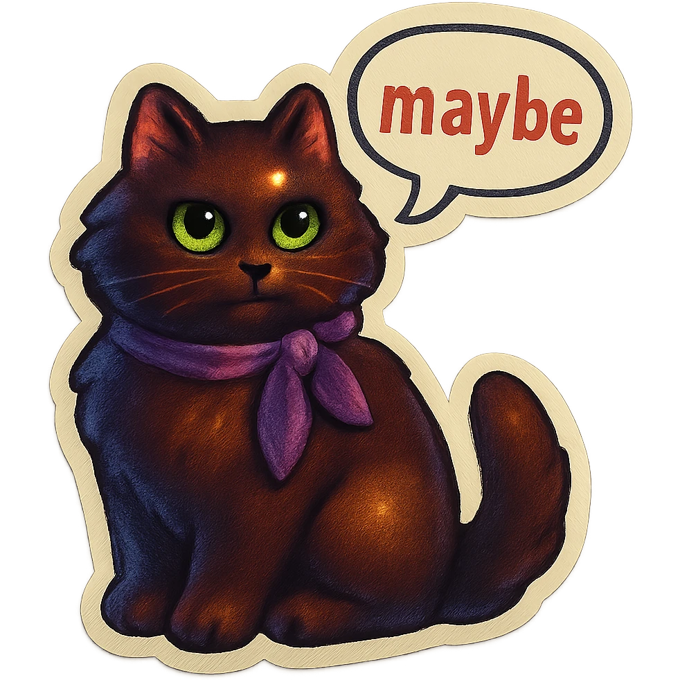 Fluffy dark-brown cat with green eyes and a purple scarf saying ‘maybe’ (with a speech bubble) emoji