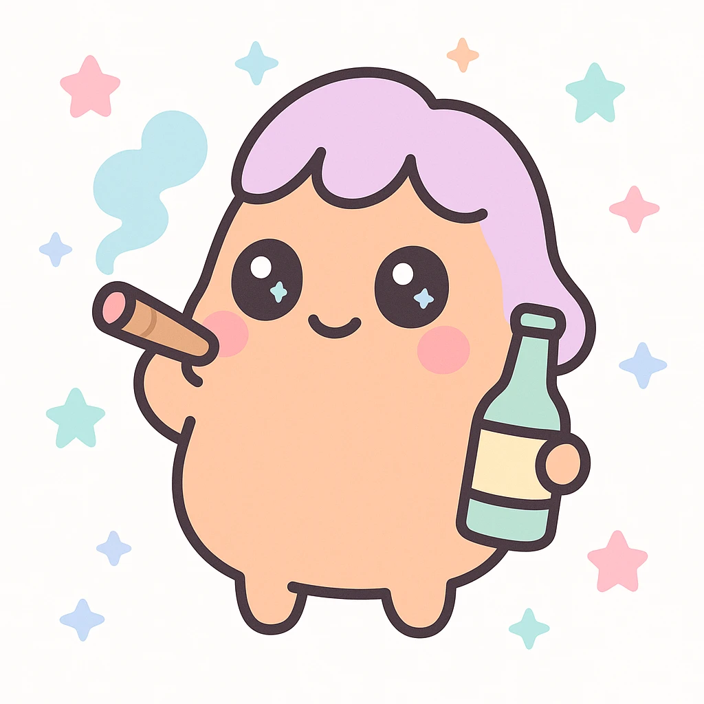 anime girl chicken nugget character, smoking a blunt and holding a beer, vibrant, playful, expressive emoji