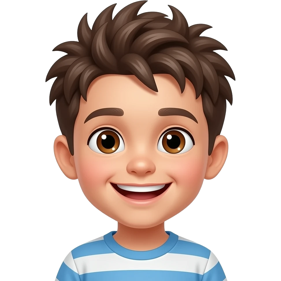 Niño pequeño pelo rebelde feliz ojos marrones cara travieso emoji
