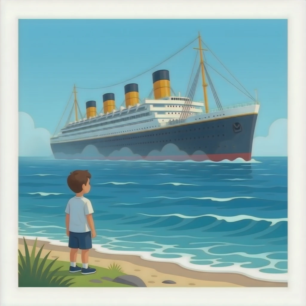 The ghostly ship The Queen Mary floats above the sea while a boy on the shore watches the scene - cut scene emoji