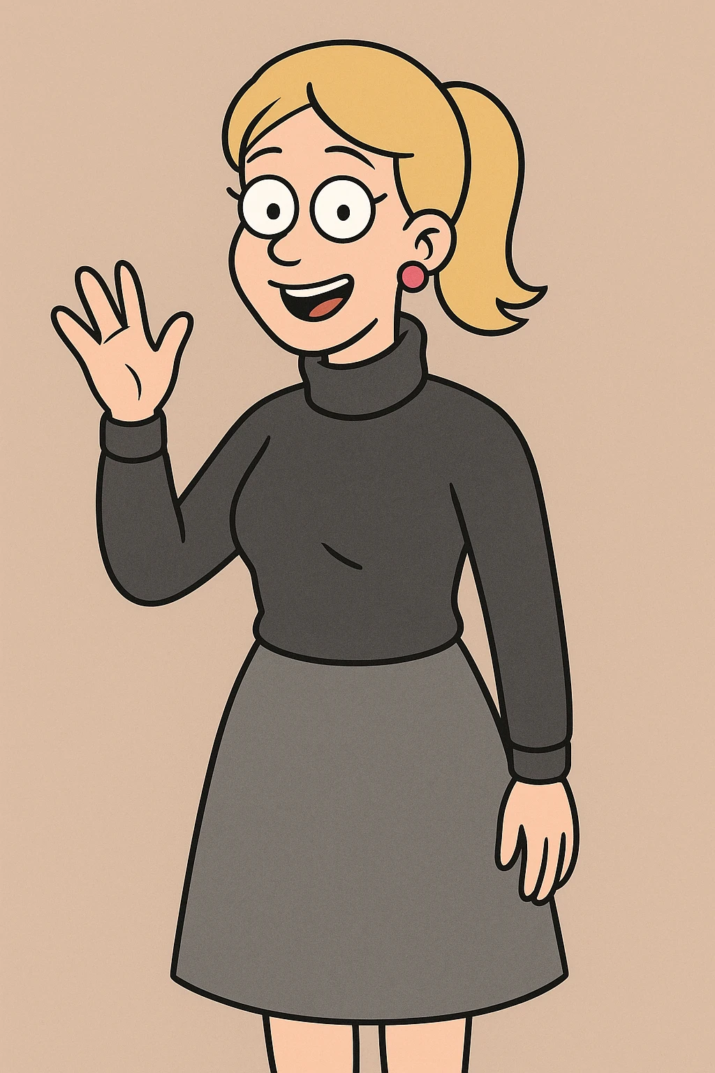 Women Medium Blonde median ponytail hair pink circle earrings Charcoal Athens Merino Wool Roll Neck Jumper Grace skirt a hand say hello emoji