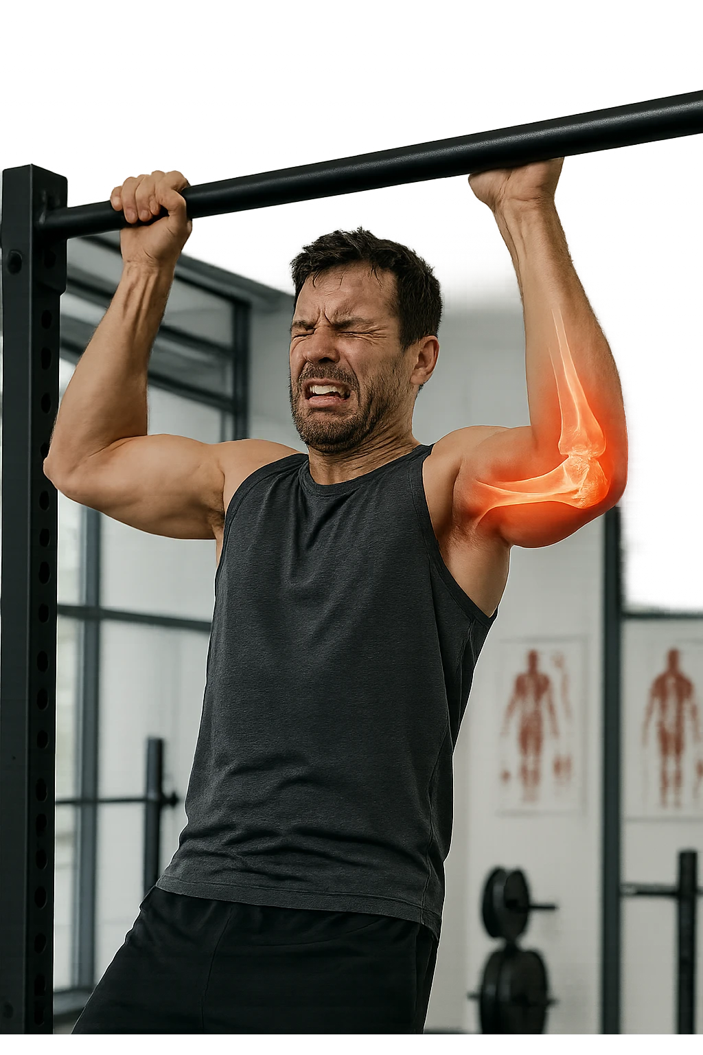 a man in gym attire is performing a pull-up on a bar when his face suddenly contorts in pain. His elbow is highlighted with a bright red glow, and a semi-transparent overlay reveals a visible tear or injury in the joint structures (such as ligaments or tendons). The background is a modern gym, with anatomical posters and equipment. emoji