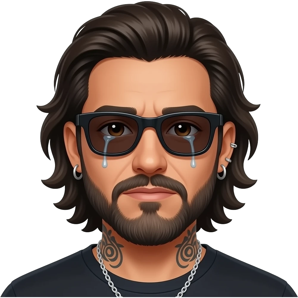 The handsome manly Latino podcast host with medium length hair, a long slightly graying beard and tattoos with his ears pierced 1 time each ear and a nose ring on the right side, dark brown eyes, wearing black, super dark sunglasses, jewelry, crying emoji
