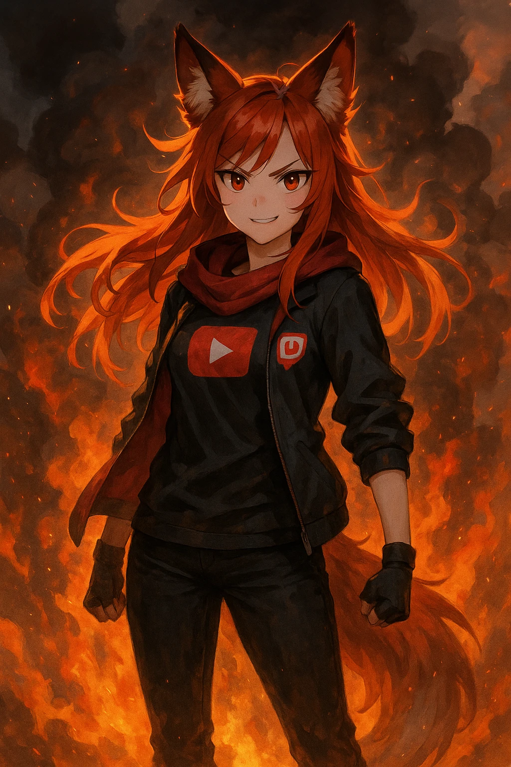 THE TWITCH AND YOUTUBE CHARACTER "ARIFOX_VT" STANDING IN FRONT OF SMOKE AND FIRE emoji