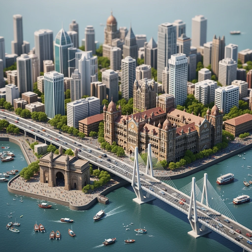 Isometric miniature of Mumbai city, featuring iconic landmarks like Gateway of India, Bandra-Worli Sea Link, Chhatrapati Shivaji Terminus, and skyscrapers, 3D miniature effect and Tilt Shift effect, no cartoonish look, transparent background. emoji