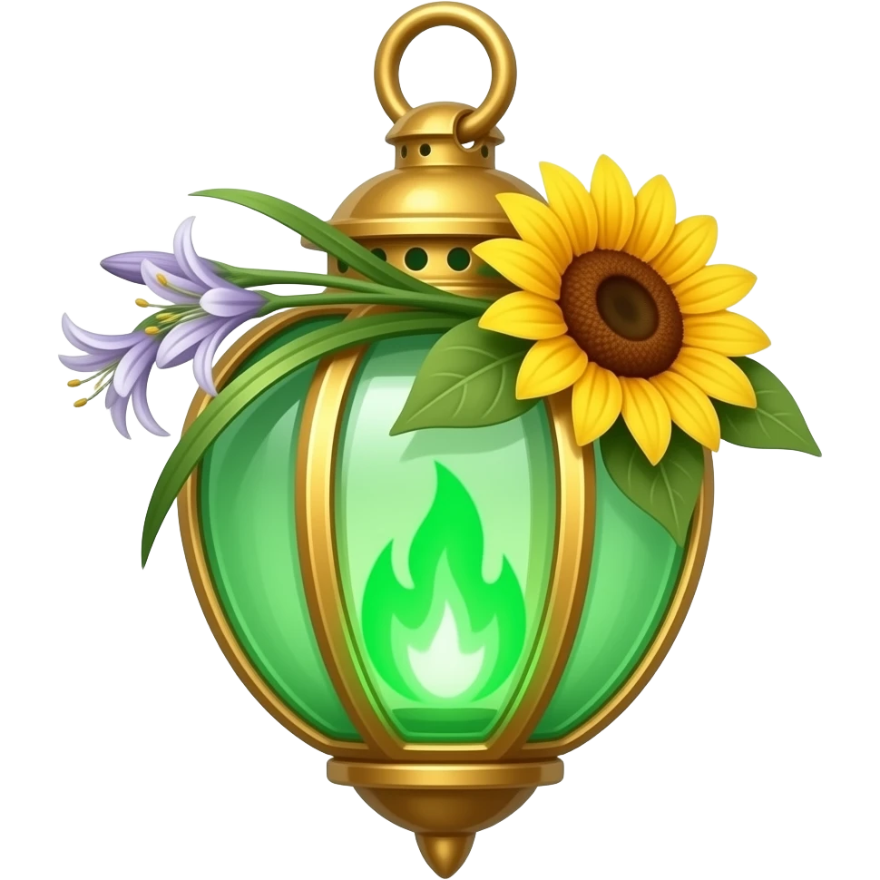 A golden hanging lantern with a bright emerald flames, an empty loop on top, sunflower & asphodel wrapping it, focus more on the green flames, paint the glass more green, have its bottom point come to some sort of point emoji