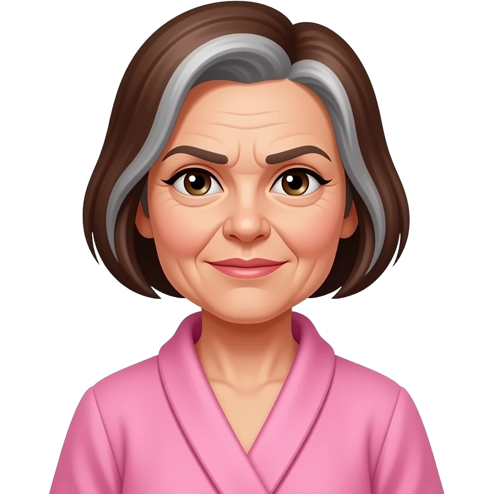 Older sarcastic looking woman with short brown hair streaked with some grey wearing a pink bathrobe. emoji