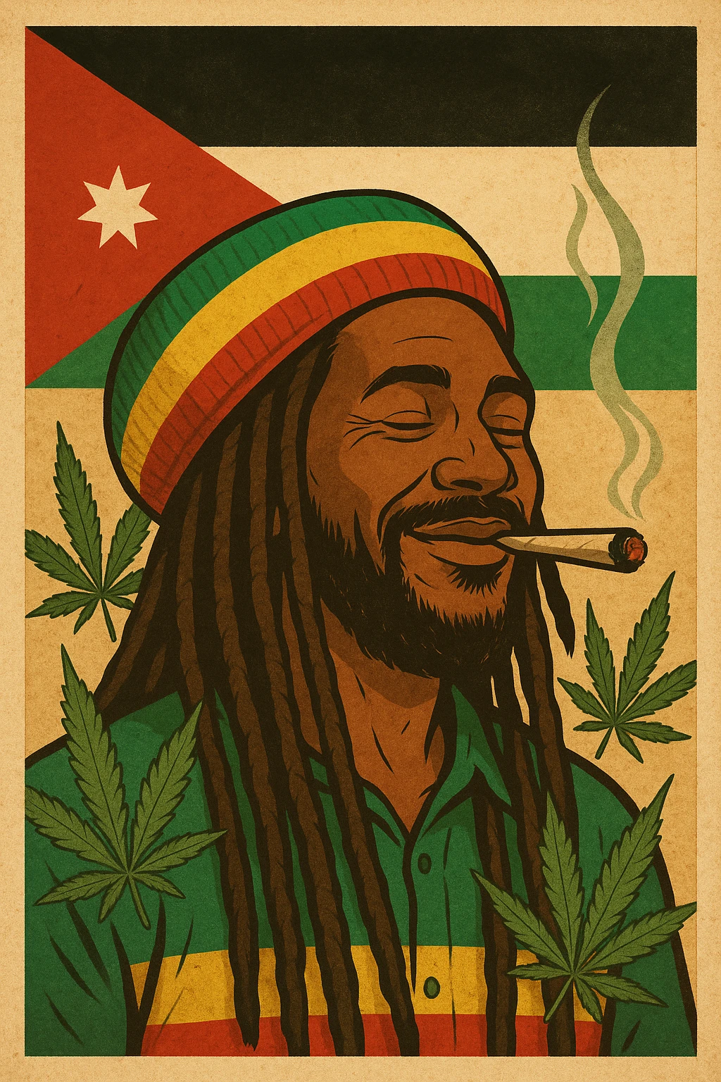 A digital vintage-style poster illustration of a Jordanian Rasta man with dreadlocks, wearing a red, yellow, green striped tam hat. He is smiling peacefully with a lit herbal spliff in his mouth. The background features the official Jordan flag — black, white, green horizontal stripes with a red triangle and a white 7-point star — accurately displayed behind him. Cannabis leaves are tastefully arranged around the composition, and the poster includes Rasta color textures blended with the Jordanian palette. Use a retro poster style with warm, slightly aged textures, bold outlines, and soft shading to evoke a soulful reggae vibe that honors both Jordanian pride and Rasta spirit. The mood is chill, powerful, and respectful emoji