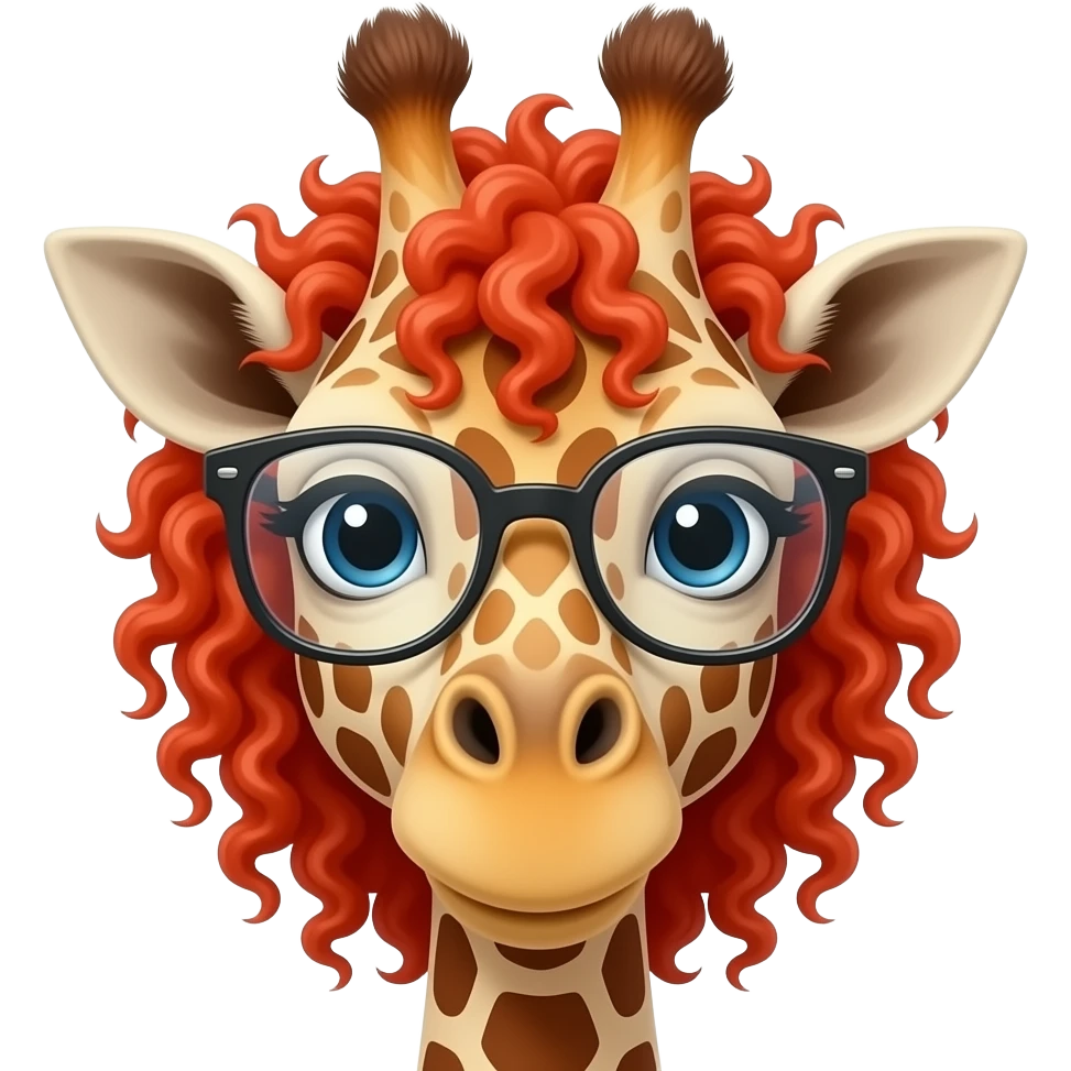 giraffe with curly very bright red hair, spectacles, just face emoji