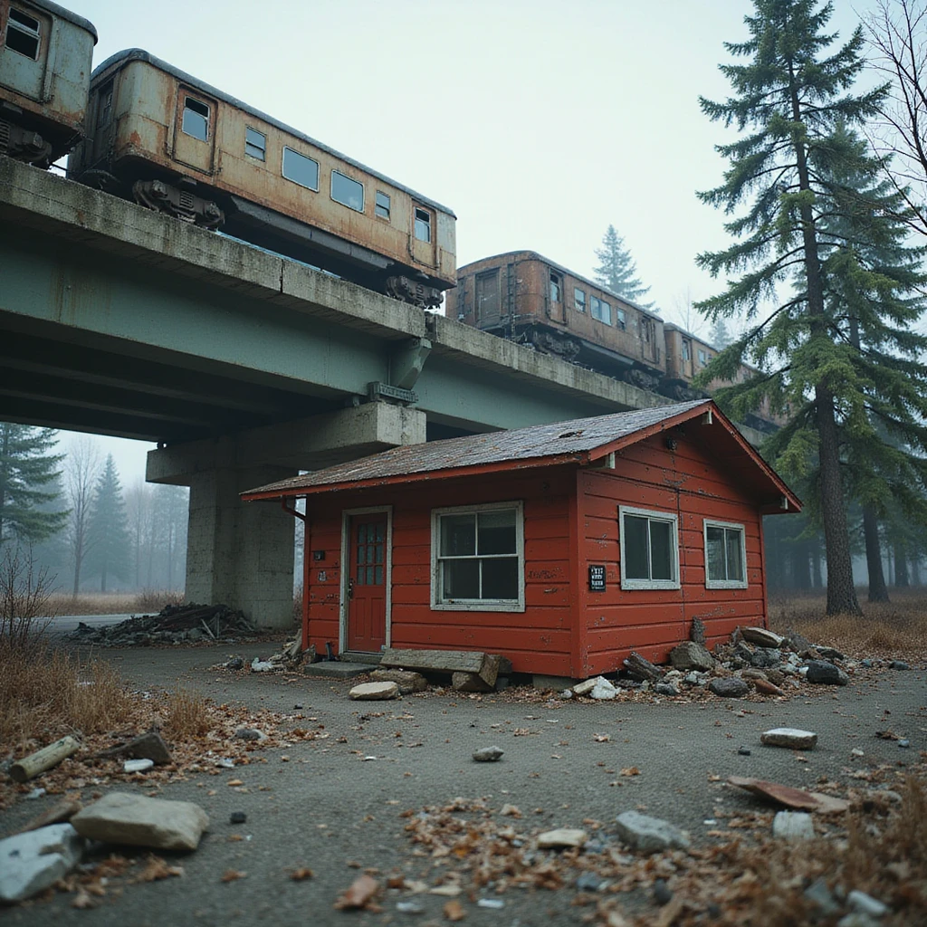  a screenshot of a location in a videogame  the image of the scene consists of:  [above-ground train freeway partially collapsed], a red 1980's construction wooden motel painted red, surrounded by war-torn pollution wreckage, wooded area emoji
