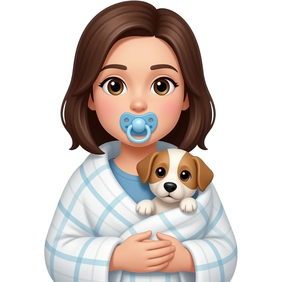 Mom holding a dog that looks like a baby. Make the dog have a binky and be swaddled emoji