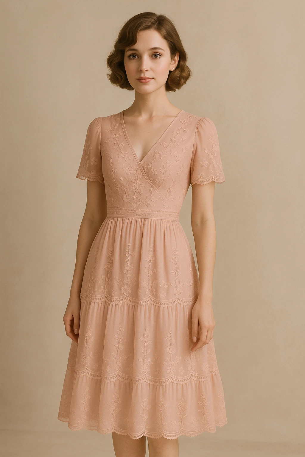 full body portrait of a woman with white skin, short wavy light brown hair, light makeup, wearing a pink dress with beautiful, delicate details, elegant and feminine emoji