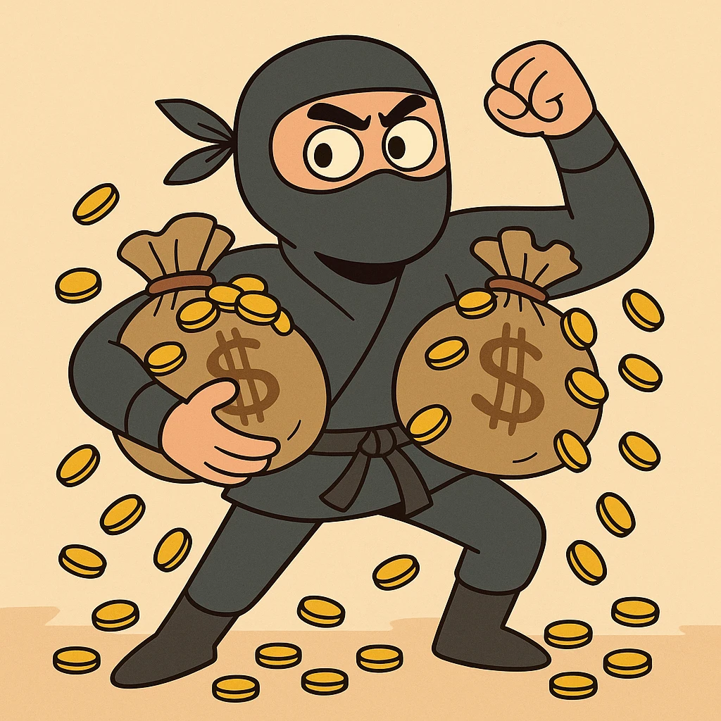 a masked ninja with gold coins spilling from bags, playful style emoji
