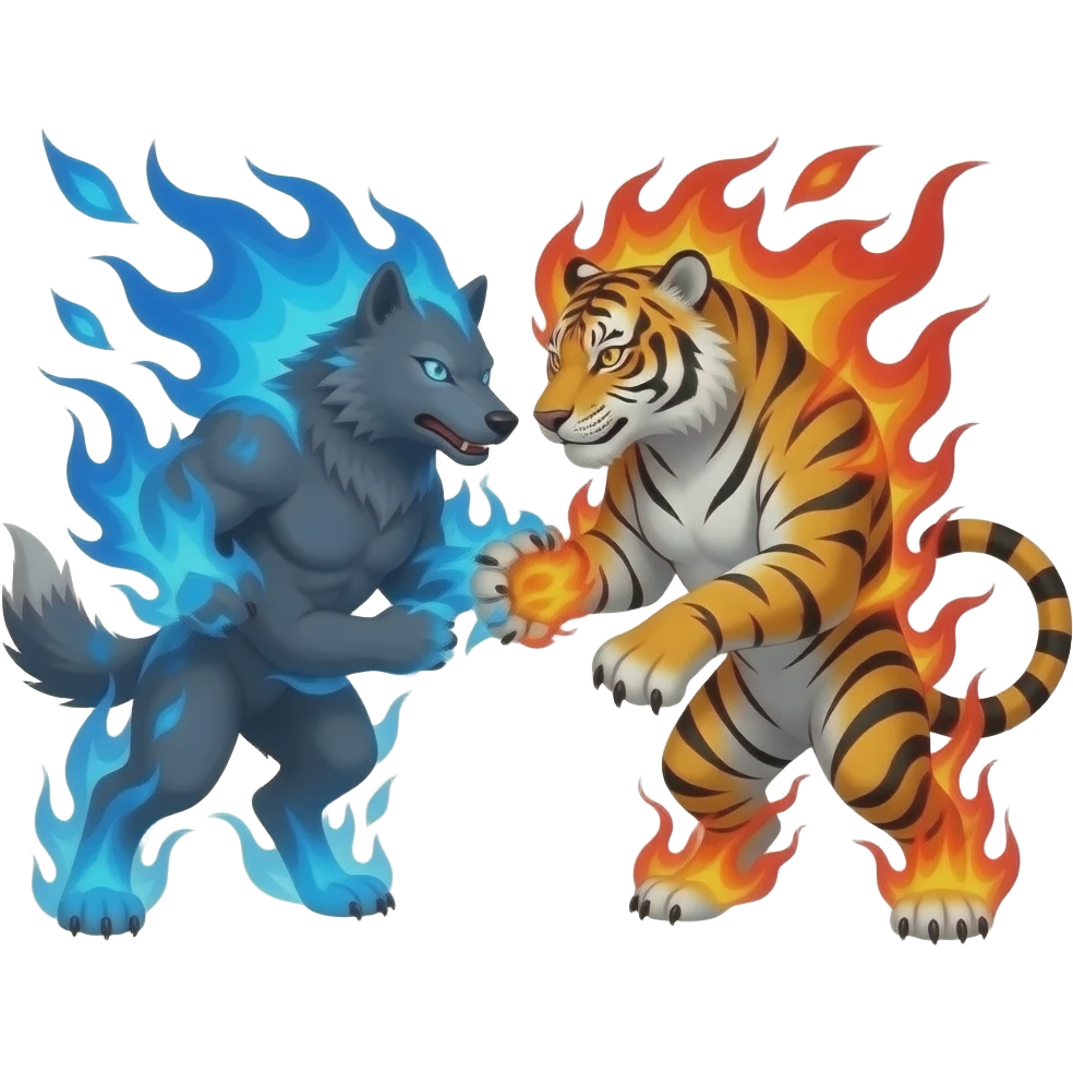 Wolf with blue flames fighting a tiger with red flames emoji