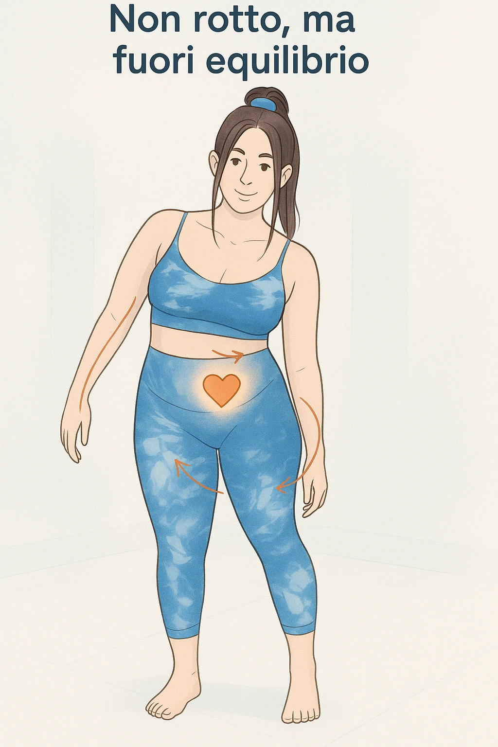 a woman stands in a relaxed pose, with a gentle, confident expression. Her body is shown with subtle, curved lines or arrows indicating areas of imbalance (such as a slight tilt in the shoulders or hips), but no signs of injury or damage. A soft glow or heart symbol at her core emphasizes resilience and the message “Non rotto, ma fuori equilibrio” The background is clean and clinical, with light blue tones. emoji