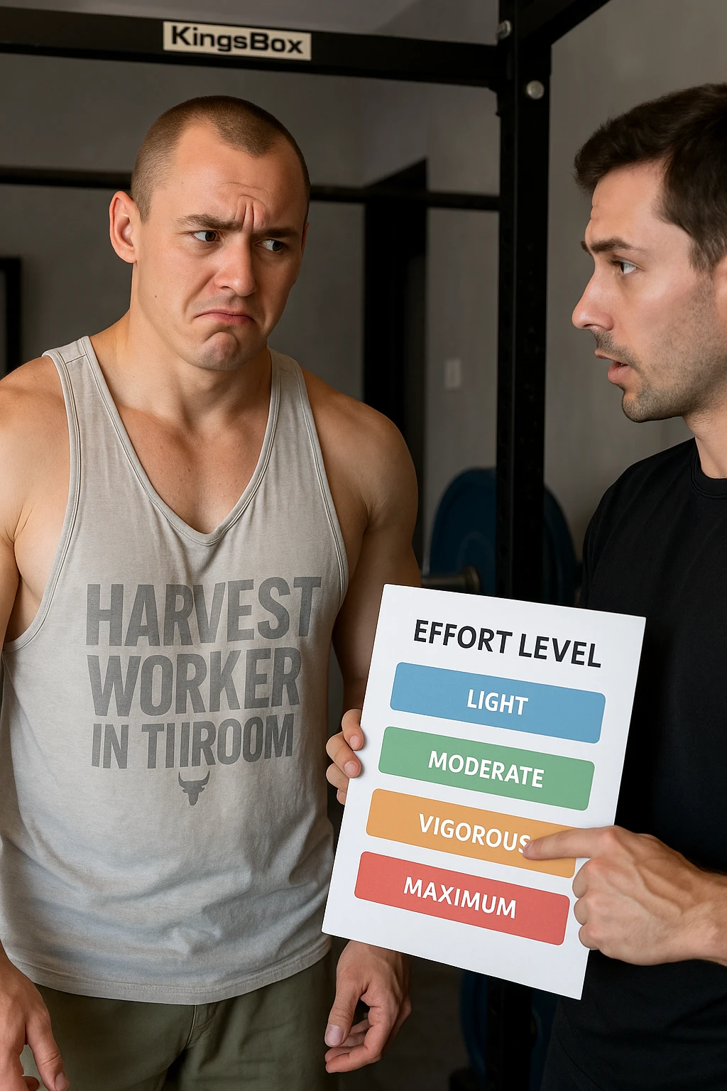 Realistic vertical image of a man in a gym, with face and physique identical to the reference photo, looking at a trainer showing a chart with different effort levels. Doubtful expression, realistic atmosphere. emoji