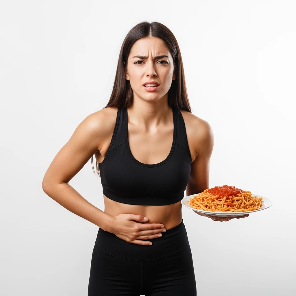 DONNA FITNESS CON PIATTO DI PASTA IN MANO E MAL DI PANCIA, FA FATICA A DIGERIRE, ISOLATA SU SFONDO BIANCO emoji