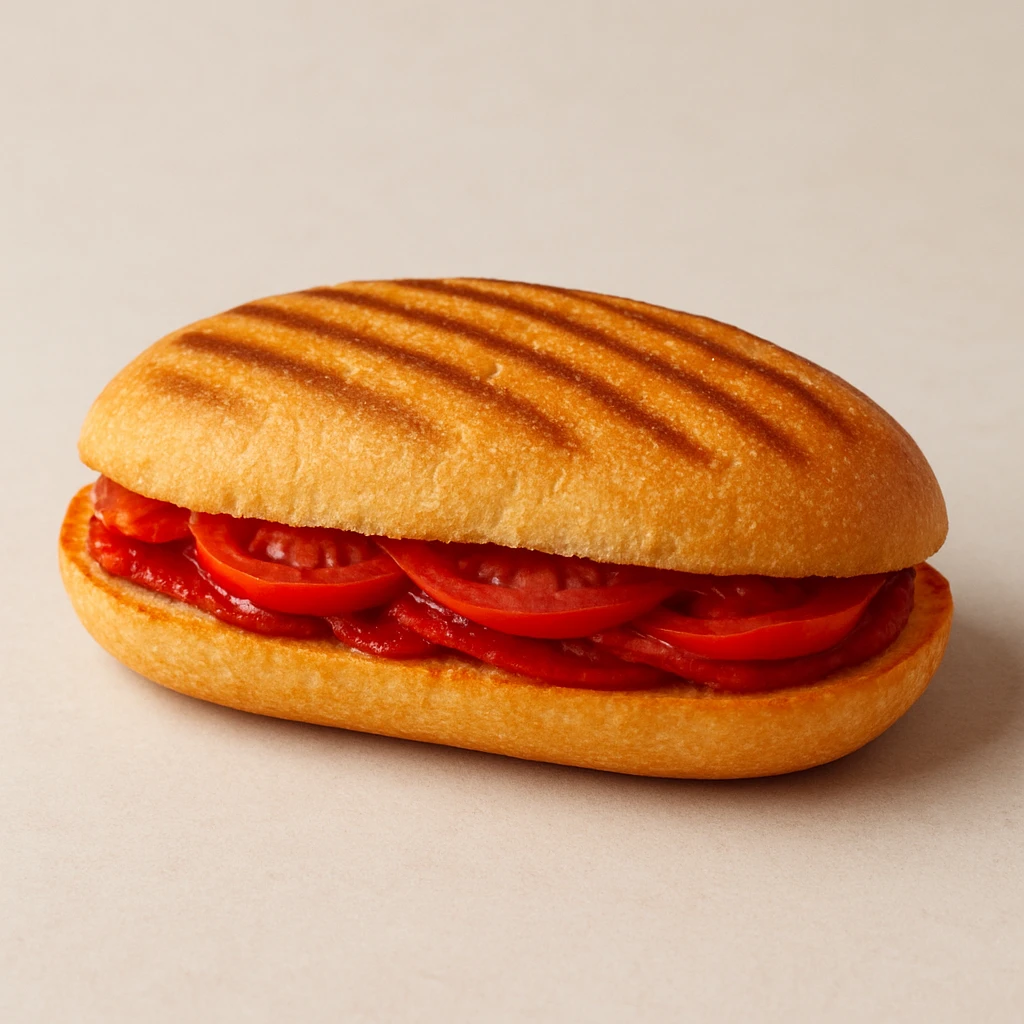 oval panini sandwich with red filling, clear view of the sandwich, appetizing, simple background emoji