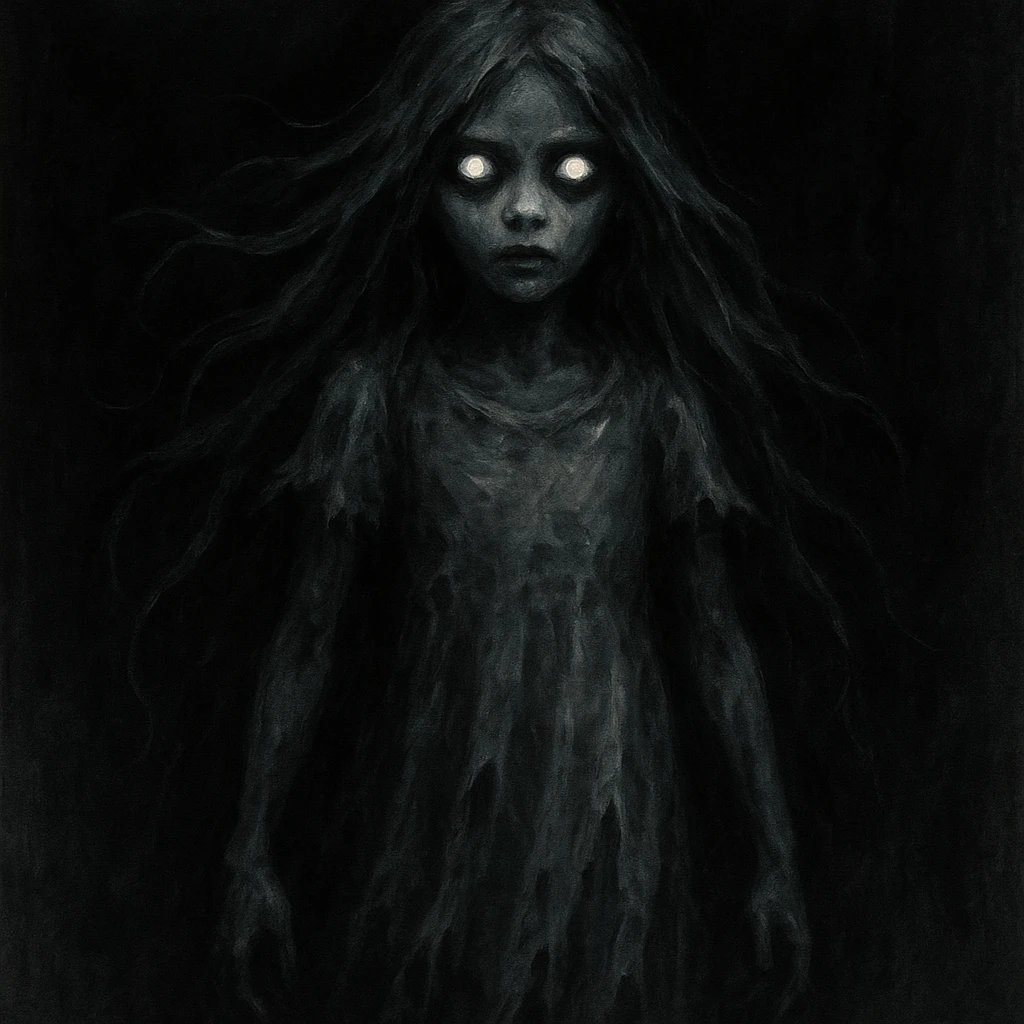 spooky girl ghost, long flowing hair, glowing eyes, tattered dress, dark background emoji