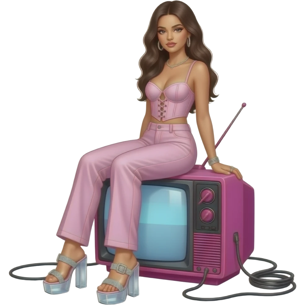 Selena Gomez wears a corset-style bustier top, paired with matching mid-rise straight-leg trousers. clear PVC platform mules adorned with shimmering crystal-encrusted buckles and chunky, translucent heels. Sitting on top of a y2k hot pink tv with wires around emoji