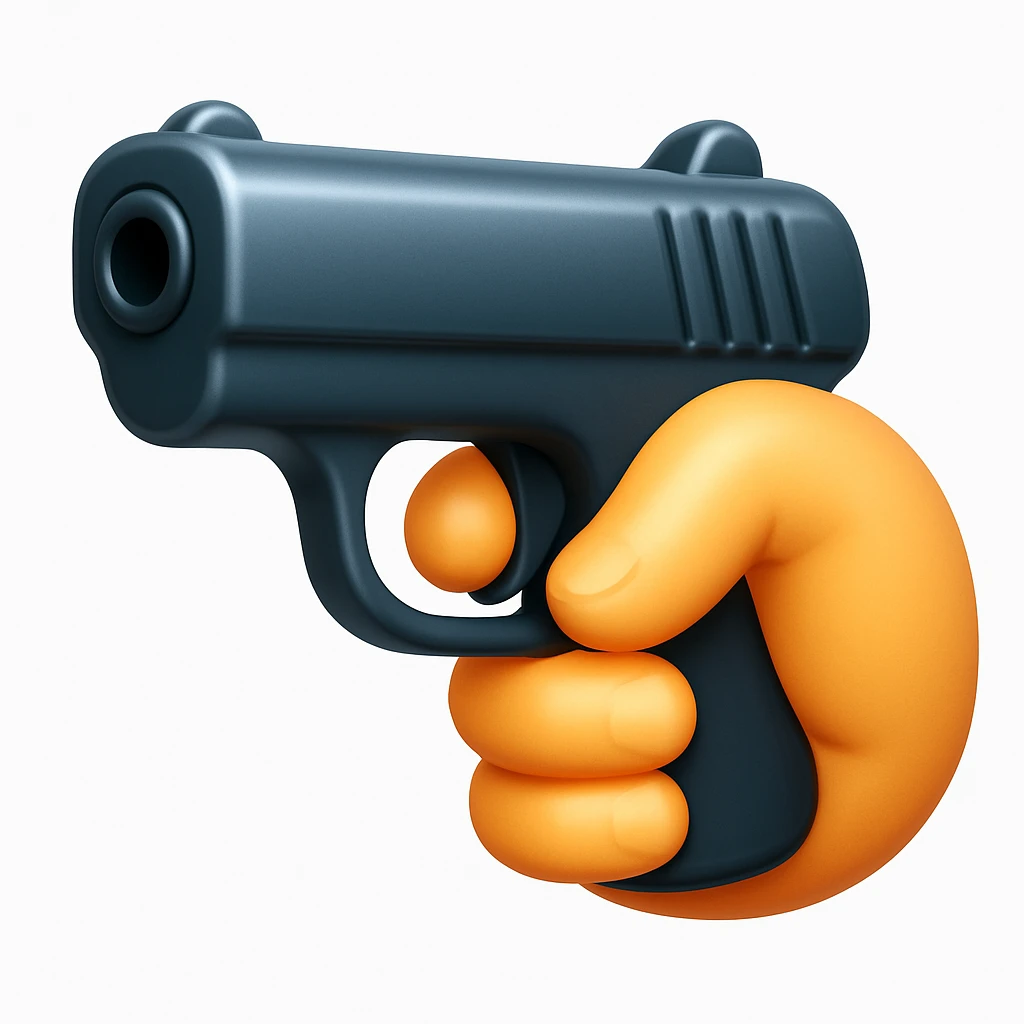 A 3D iOS emoji-style close-up of an index finger pulling a pistol's trigger, showing only the hand and the trigger area inside the trigger guard; stylized, non-realistic toy-pistol look, glossy Apple-style finish, clean white background.
 emoji