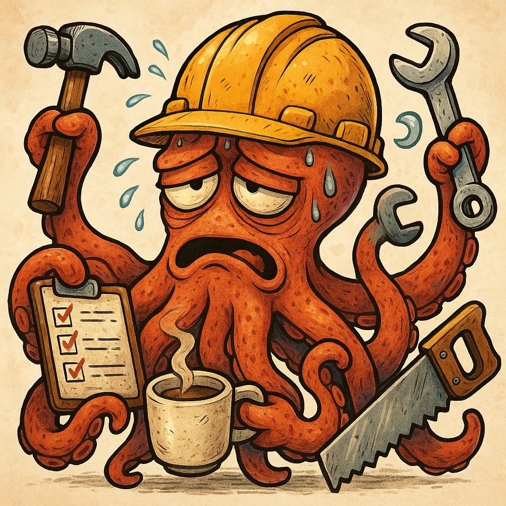A tired worker depicted as an octopus with multiple tentacles, each holding a different item: a hammer, a checklist with tasks, a wrench, a saw, and coffee. The worker wears a helmet and looks overwhelmed and unable to keep up with all the tasks, detailed cartoon style, expressive and colorful. emoji