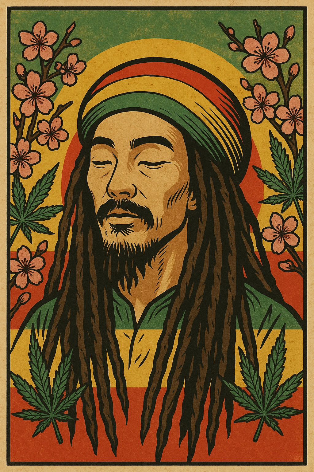 Vintage poster of an Asian Rasta with long dreadlocks, peaceful eyes, and a red-gold-green tam. Surrounded by cherry blossoms and ganja leaves. Background blends Rasta colors into an Asian flag (e.g., red sun from Japan or Chinese star). Retro reggae fusion vibe, with bold lines and aged paper texture.
 emoji