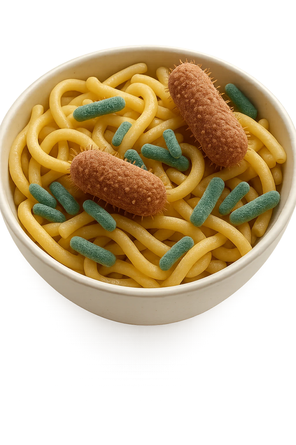 BOWL DI PASTA CON BATTERI INTESTINALI DENTRO, iperrealistico 4k, SFONDO BIANCO emoji