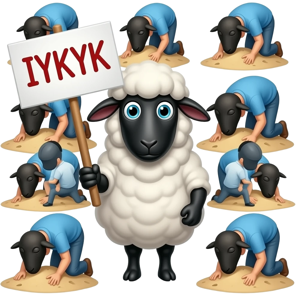 Black sheep with a sign saying “IYKYK. The black sheep is surrounded a flock of black sheep. and in the background is people Burying their heads in the sand in blue tops. make it a full black sheep and add more sheep around him. emoji