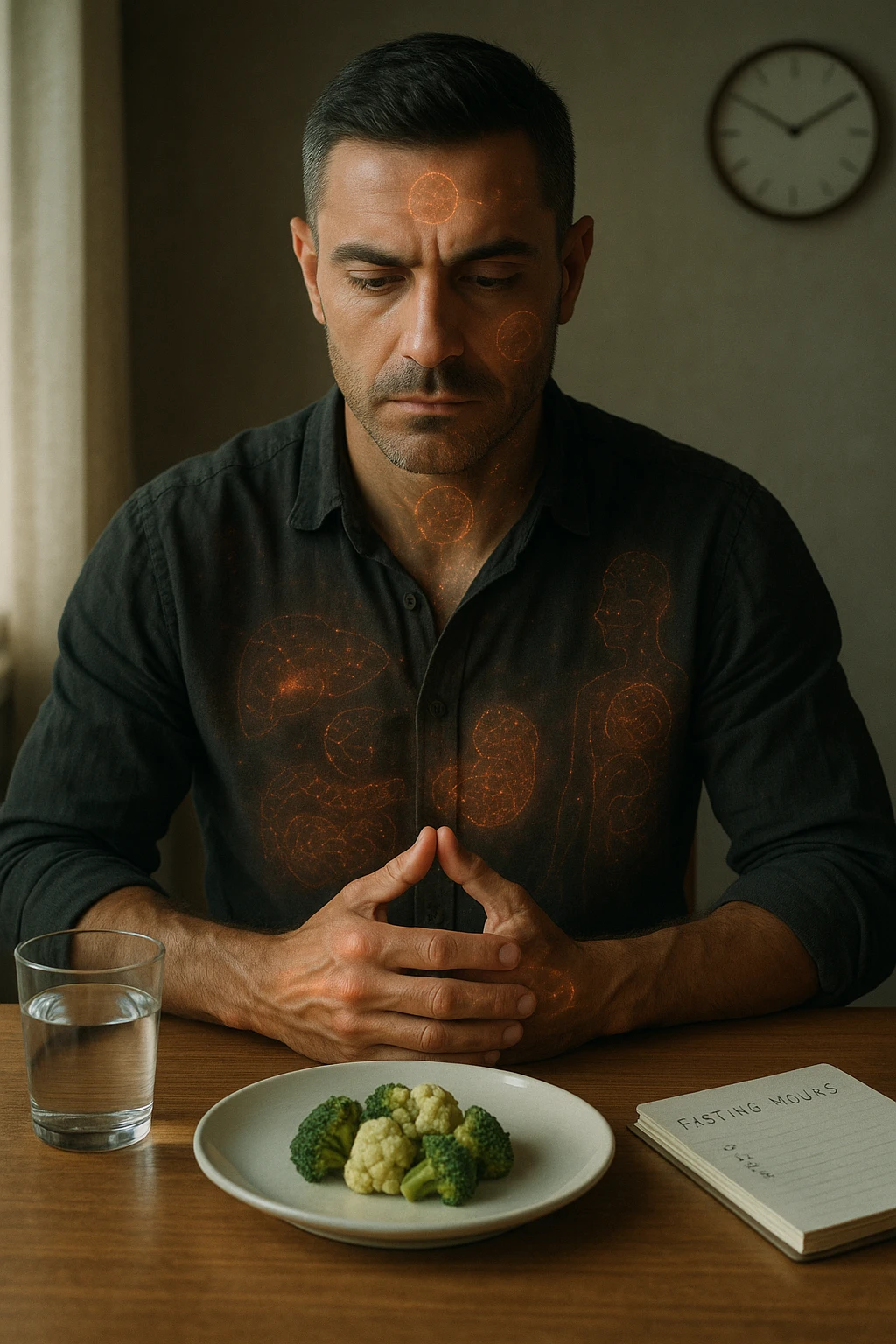 A cinematic close-up of a focused man in his mid-30s with slight beard and tired but determined eyes, sitting alone at a simple wooden table with an untouched plate of food in front of him. His hands are clasped, fingers interlocked in a meditative position over his lower abdomen, symbolizing willpower and internal balance. He wears a lightweight natural fiber shirt, sleeves rolled up. The lighting is soft and natural, early morning light coming from a nearby window. Around him, visual cues of cellular regeneration — faint glowing patterns subtly overlaying his body, especially near the liver, gut, and brain, suggesting autophagy and deep healing. The room is minimalist: a glass of water, a notebook with fasting hours, and a clock in the background ticking calmly. The tone is serene, intentional, and deeply introspective. Shot in 35mm cinematic style, warm highlights and clean shadows. emoji