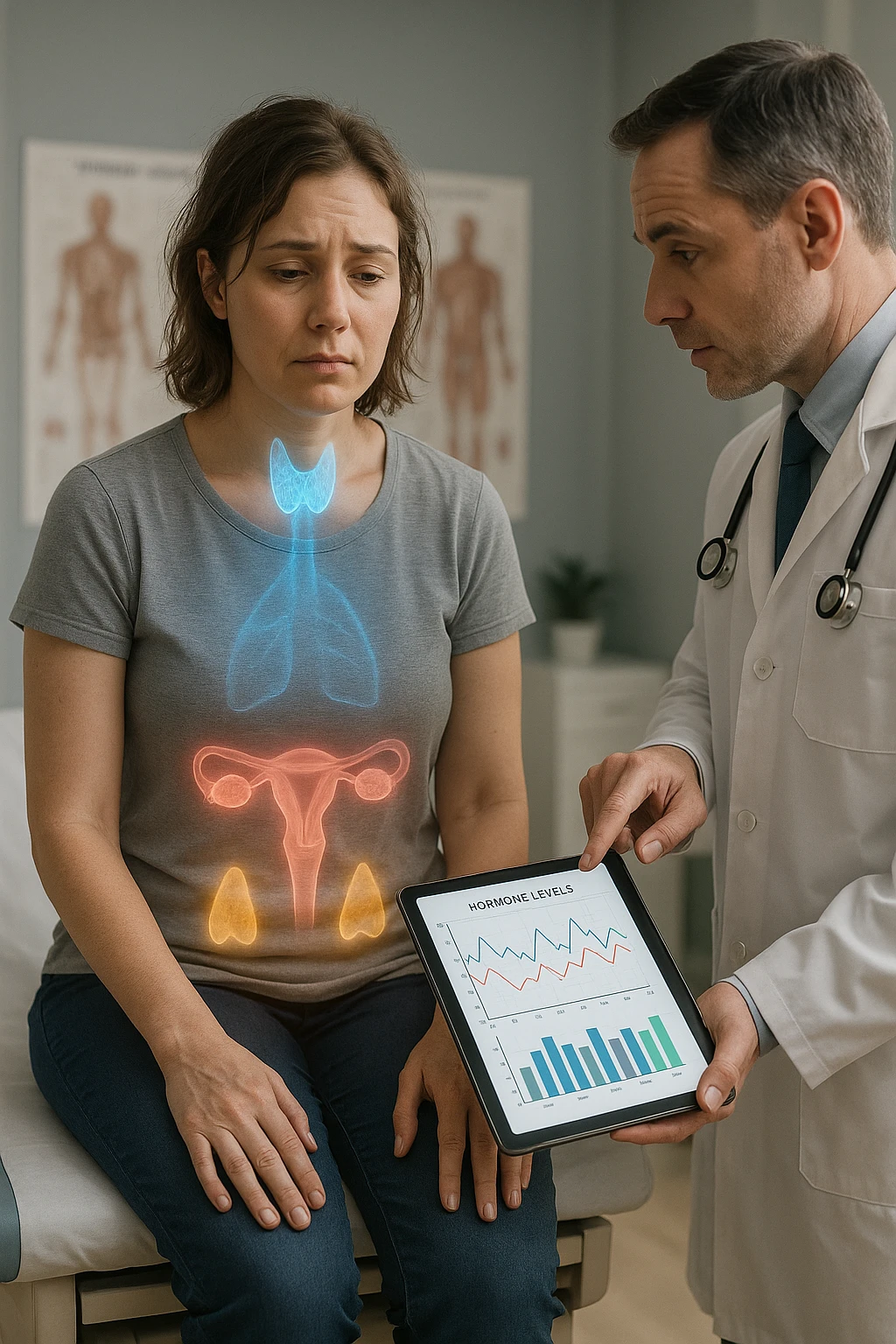 Realistic, vertical medical scene: a woman sits in a doctor’s office, looking fatigued and concerned. A semi-transparent overlay shows her internal organs, with the thyroid, ovaries, and adrenal glands glowing or pulsing in different colors to indicate hormonal imbalance. The doctor points to a digital tablet displaying fluctuating hormone levels. The mood is informative and empathetic. emoji
