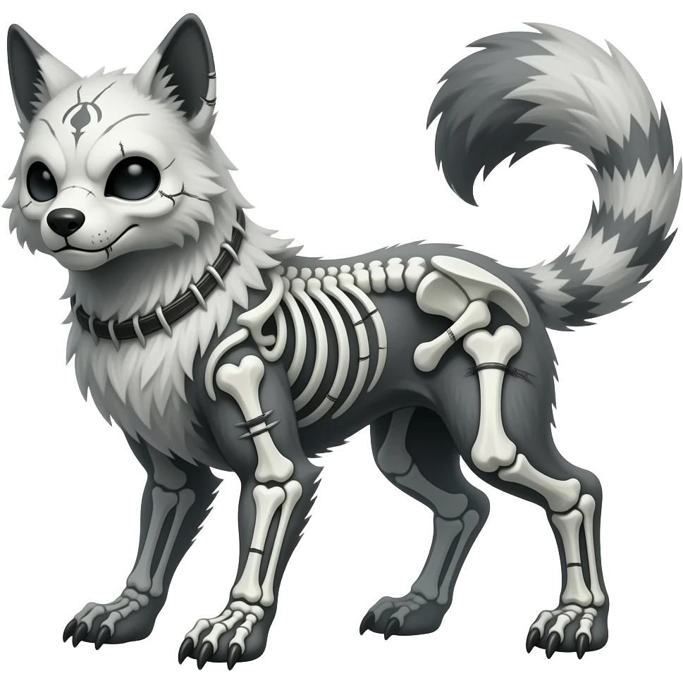bleak swampy white-skeletal gloomy dark pale albino foggy eldritch beautiful realistic edgy fantasy ghoul-like stitched vernid-sergal-fursona animal creature with a tufted tail full body with intricate markings emoji