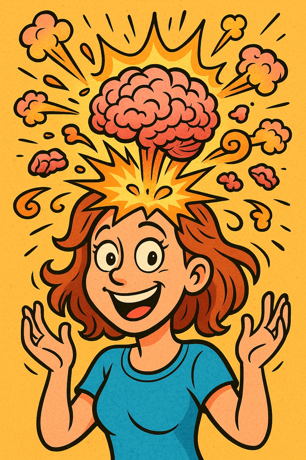 a cartoonish woman with her brain exploding in a comic, exaggerated way, playful, not scary emoji