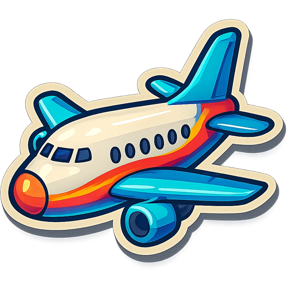 retro sticker-style passenger airplane with bold contours, juicy shadows and highlights, playful expressive look, outlined glossy bright style like lips with strawberry illustration emoji