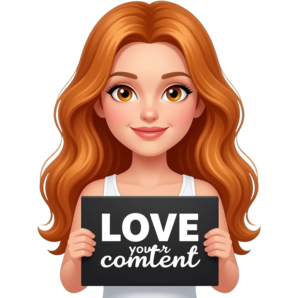 sexy girl with long wavy ginger hair and ginger eyes wearing a white tanktop is holding a black colored sign with LOVE your content written on it emoji