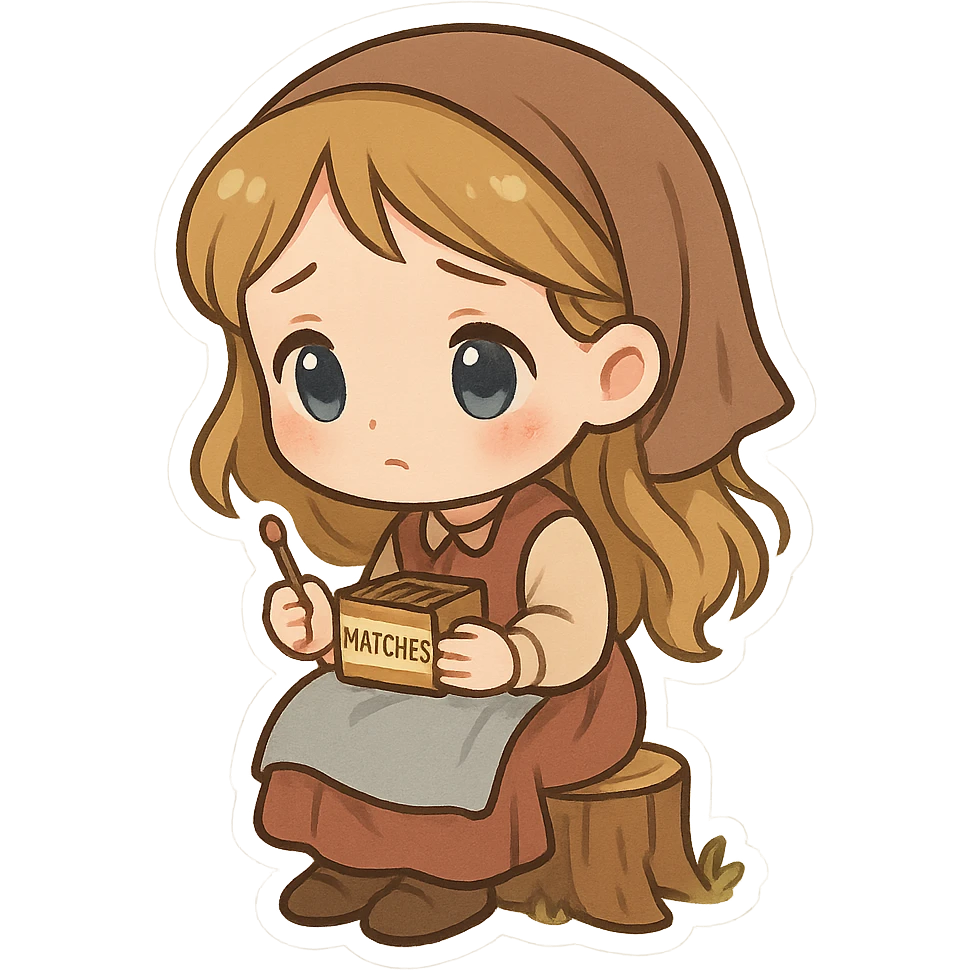 一个可爱的卖火柴的小女孩坐在一个矮树桩上 emoji